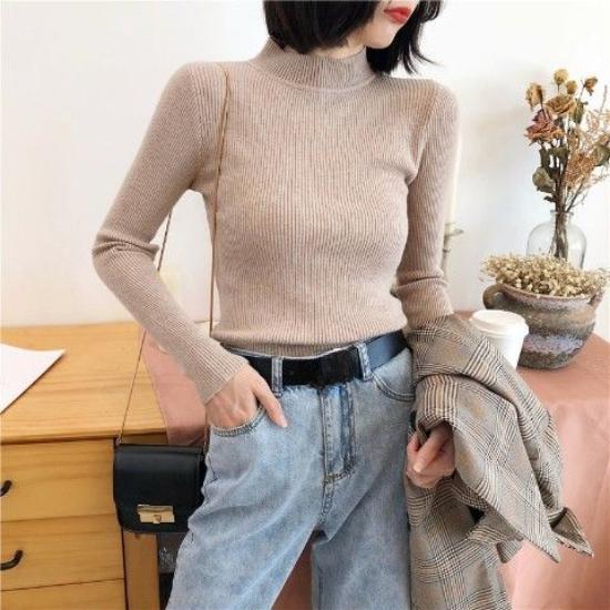Autumn Winter Women's Stretch Knitted Sweater  Half Turtleneck Jumper Tight Short Knitted Bottoming Shirt Pullover Jumper Knitted Tops