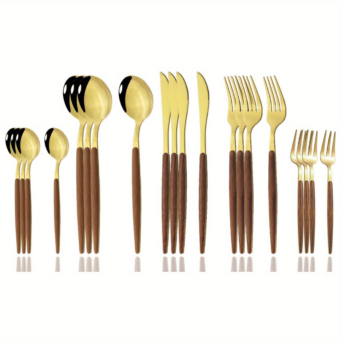 

Набір столових приборів з 20 предметів з преміальної нержавіючої сталі - Ергономічна дерев яна ручка, Дзеркальне полірування, Сервіз на 4 персони золотий