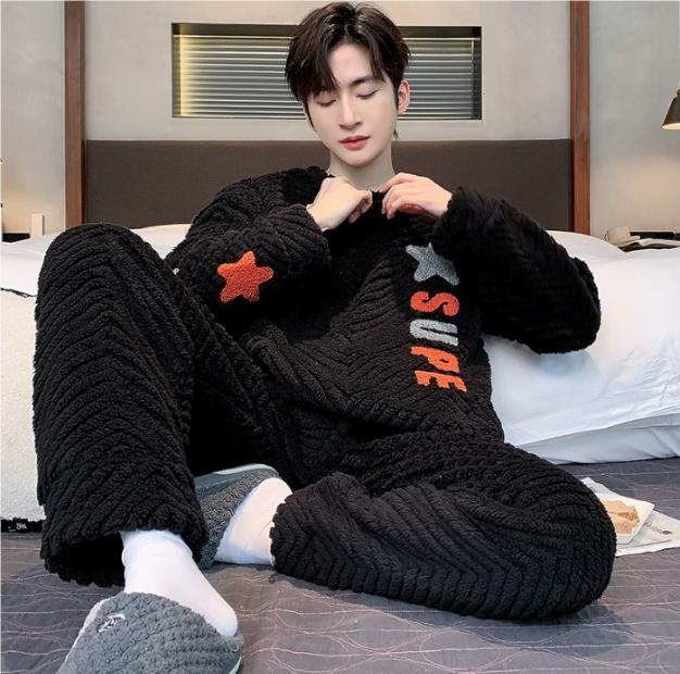 Thickened Coral Fleece Pajamas Men's Winter Warm Home Clothes Two-Piece Set Flannel Autumn Winter Plush Home Suit