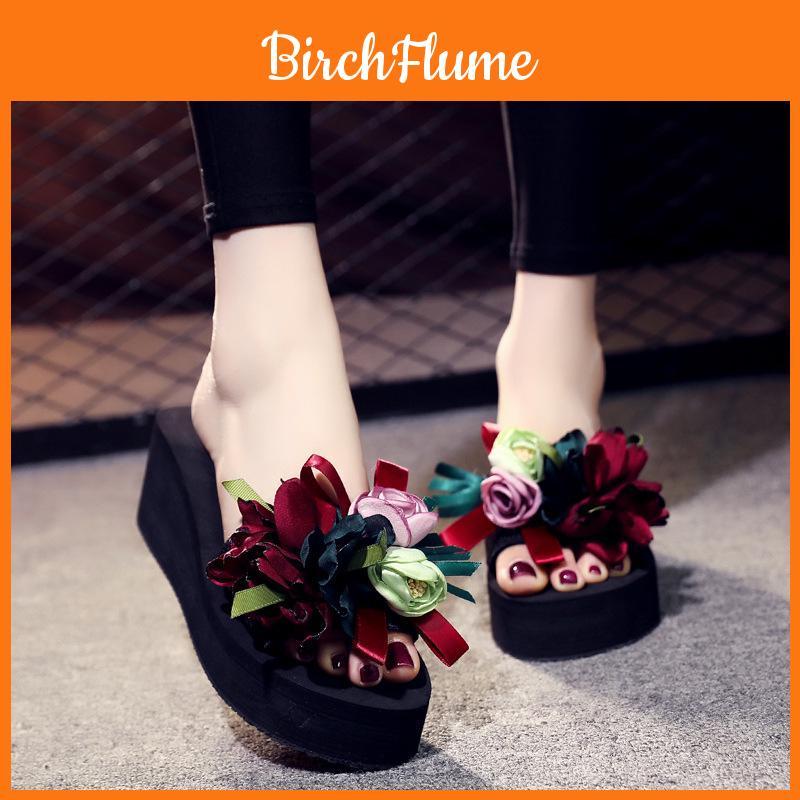 Elegant Women Bohemian Style Appliques Flowers Bud Slippers For Beach Fun