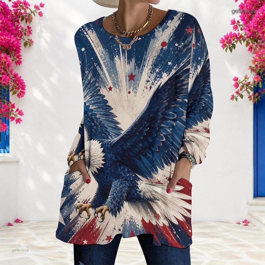Ladies Plus Size Long Sleeve Pocket Tee Loose Relaxed Casual Everyday Leisure Blouse