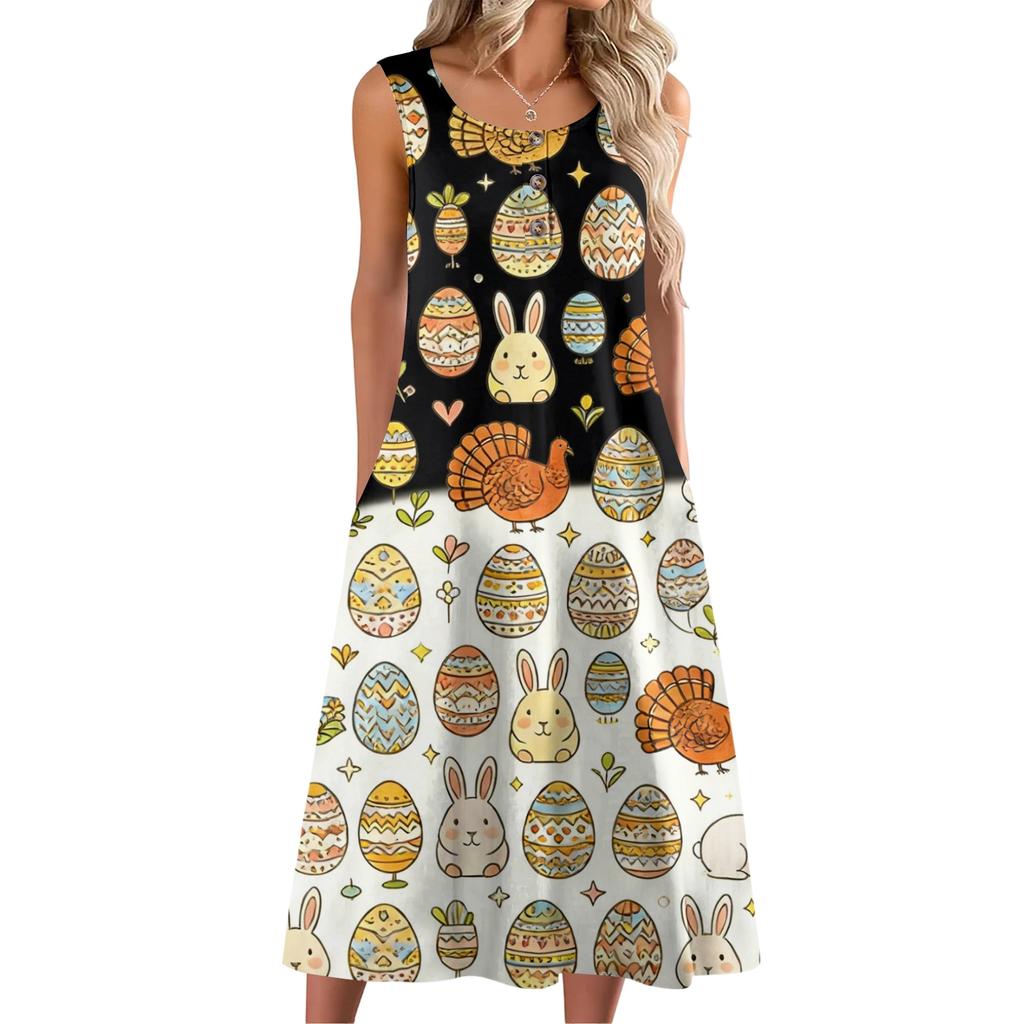 Dámské módní ležérní bezrukávové knoflíkové velikonoční potisk šaty s kapsou