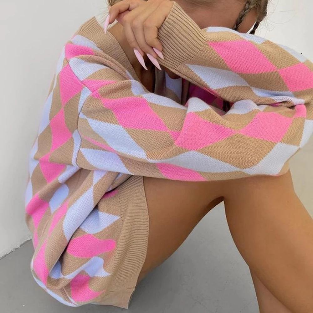 Vintage Geometrische Rhombische Strickjacke Pullover Frauen Herbst Warme Lose Oberbekleidung C-023