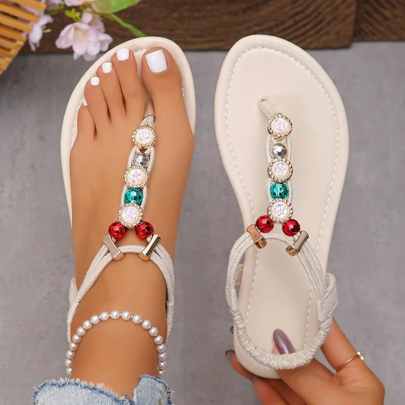 Fashion Retro Bohemian Black Girls Big Pearl Low Sandals 2025 Summer Comfort Shoes for Women Beach Sandals Suit Female Beige Large Size