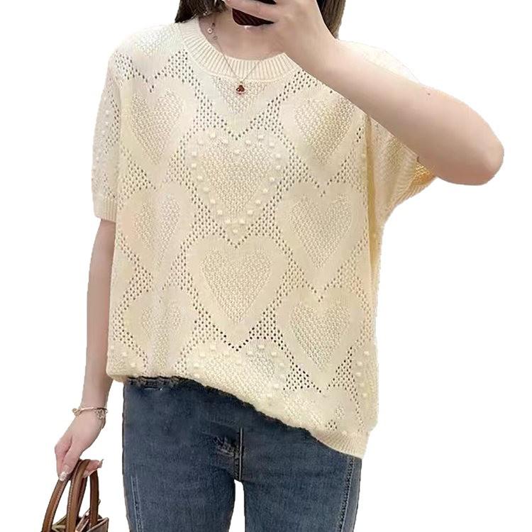 Versatile Women's 2026 Fashion Hollow Out Round Neck Loose Knitwear - Slimming Summer Short Sleeve New Arrival