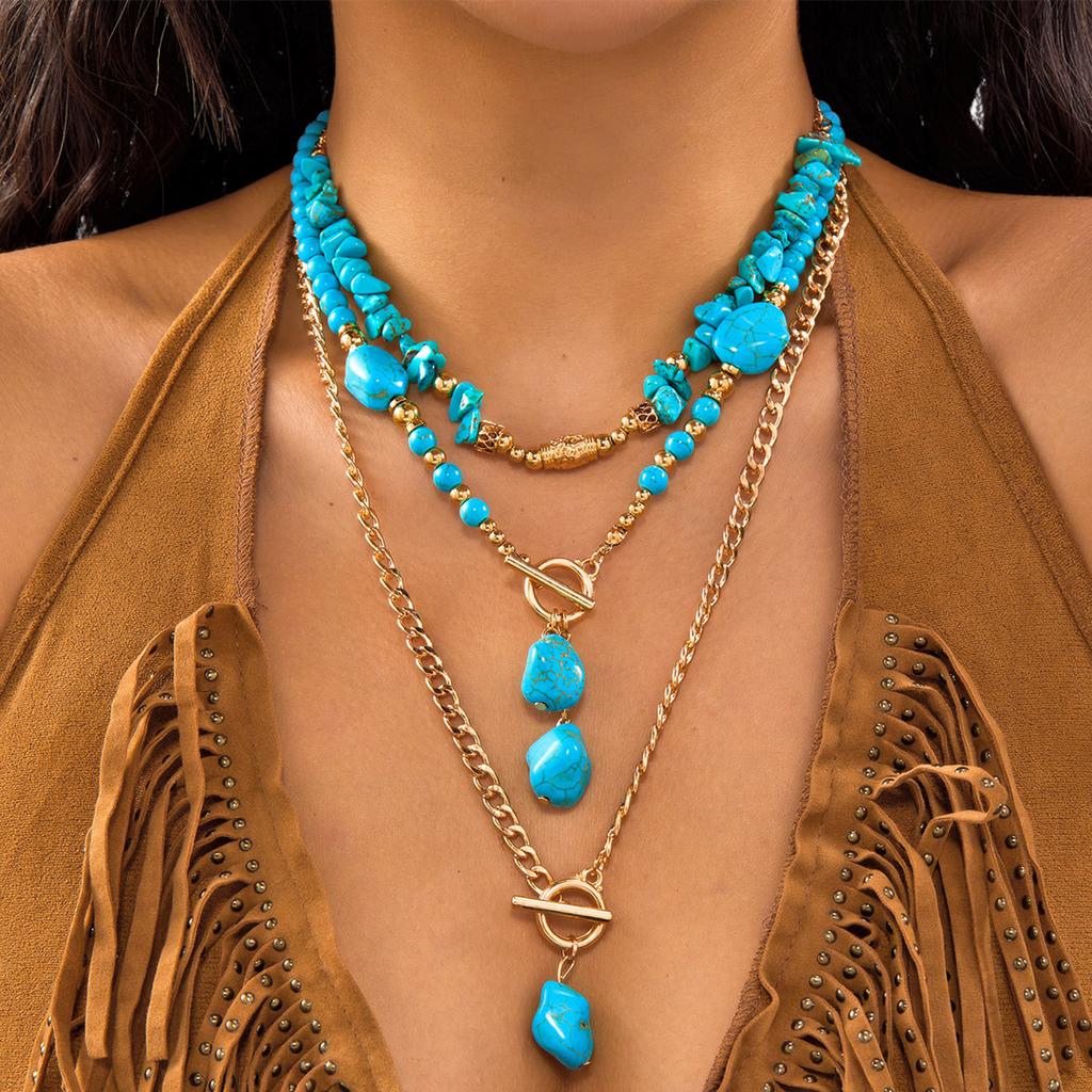 3Pcs/Set Vintage Hat Cowboy Boot Pendant Necklace for Women Bohemian Blue Stone Beads Chain Choker Daily Jewelry Y2K Accessories