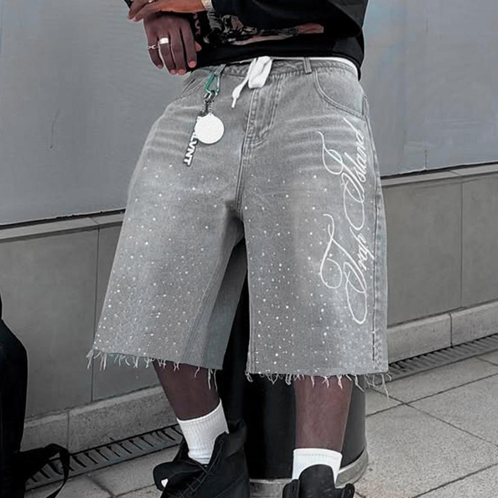 Pantaloncini di Jeans Larghi da Uomo con Strass Y2K Casual Vintage Gamba Larga Dritti Capri Pantaloncini di Jeans Hip Hop Streetwear