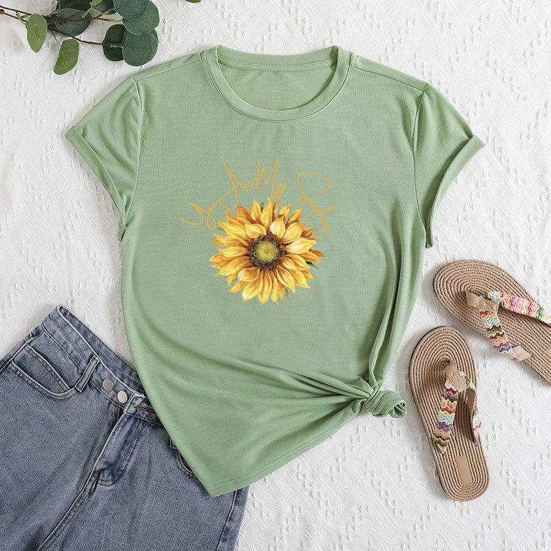 Summer Women's Fashionable Sunflower Print Short Sleeved Casual Loose Cotton Round Neck Top