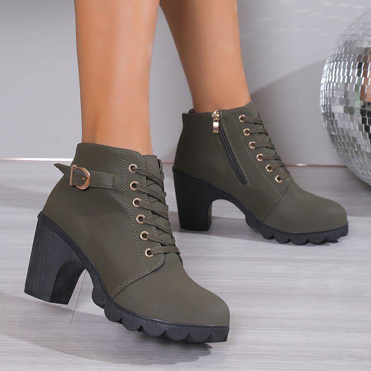 Klasyczne damskie botki w stylu koreańskim - Duży rozmiar, Ciepłe, Okrągły nosek, Gruby obcas, Modne wysokie obcasy