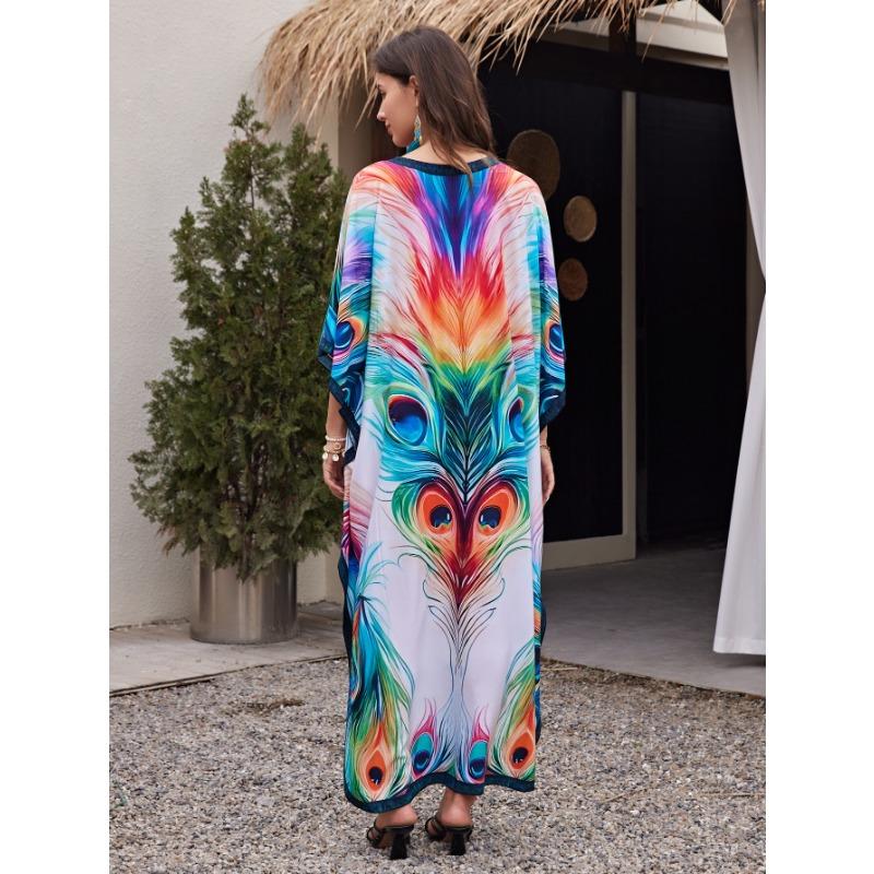 Damenmode Sommer Frühling Farbblockdruck 1/2 Ärmel V-Ausschnitt Lose Taille Freizeitkleider