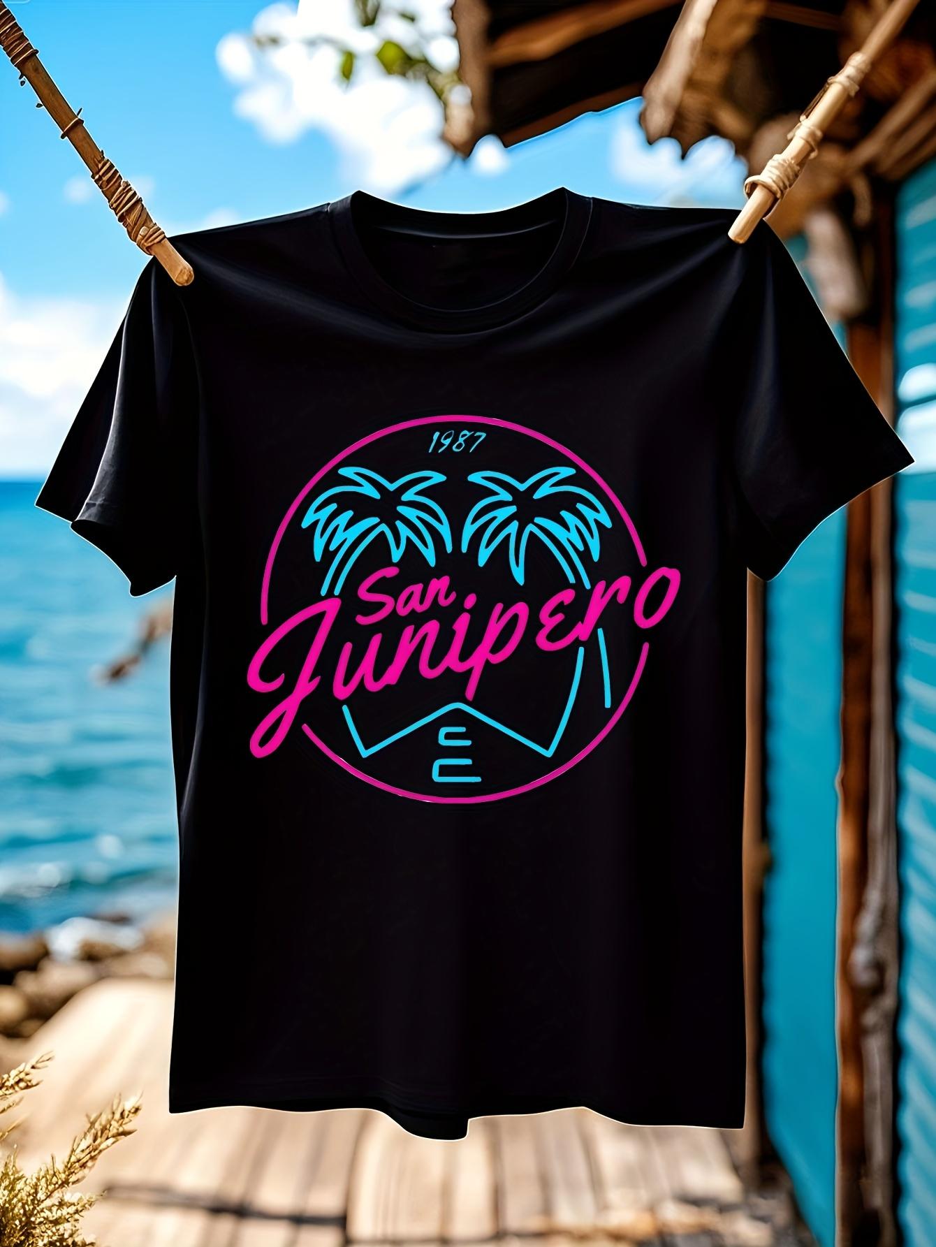 

Black Mirror San Junipero Graphic T-shirt - Soft Cotton Casual Crew Neck Short Sleeve with Neon Pink & Cyan Retro 80s Pop Art Design S