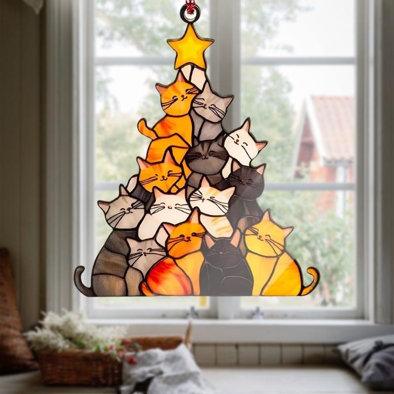 Cats Christmas Tree Suncatchers Colorful Glass Panel Suncatchers Decors Birthday Gift Women Stained Glass Window Hanging