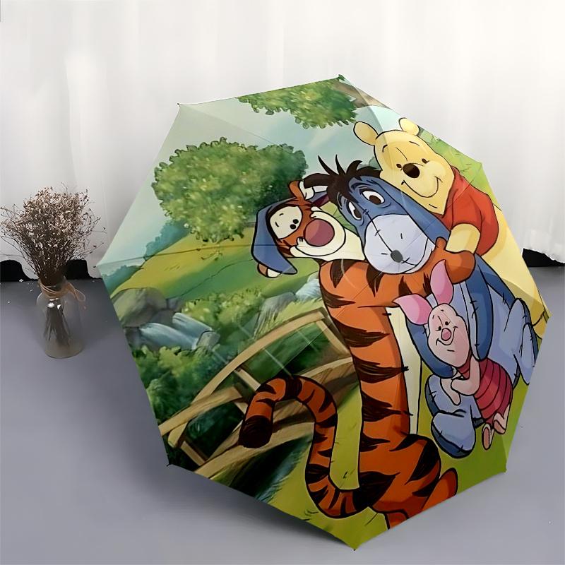 Ombrello da Viaggio a Tema Winnie the Pooh e Amici - 8 Stecche, Apertura e Chiusura Automatiche, Design Pieghevole Portatile, Ombrello Compatto ed Elegante