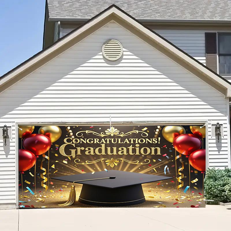 Abschluss-Hintergrund mit "GRADUATION"-Text, Ballons- und Konfetti-Design für Rasen im Freien, Gartenfeiern und Abschluss-Party-Dekor, Abschluss-Dekor