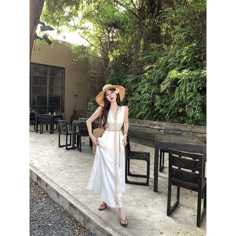Kumikumi Holiday Style White V-neck Vest Dress Women Summer Temperament Drape Slimming Large Swing Skirt Long Dress