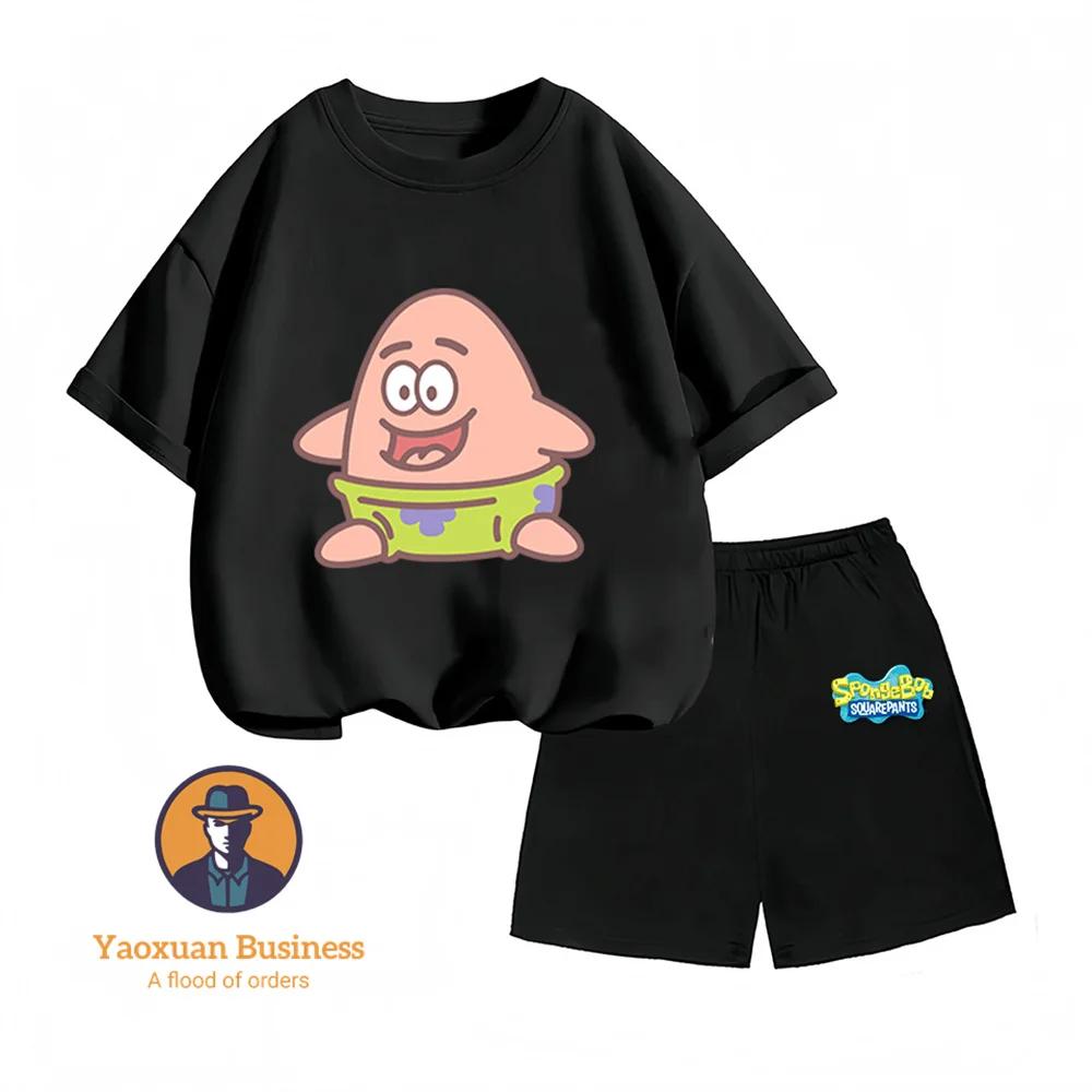 Hot Sale Summer Kidswear Pure Cotton SpongeBob SquarePants Anime Printed Round Neck Casual Two Piece Set