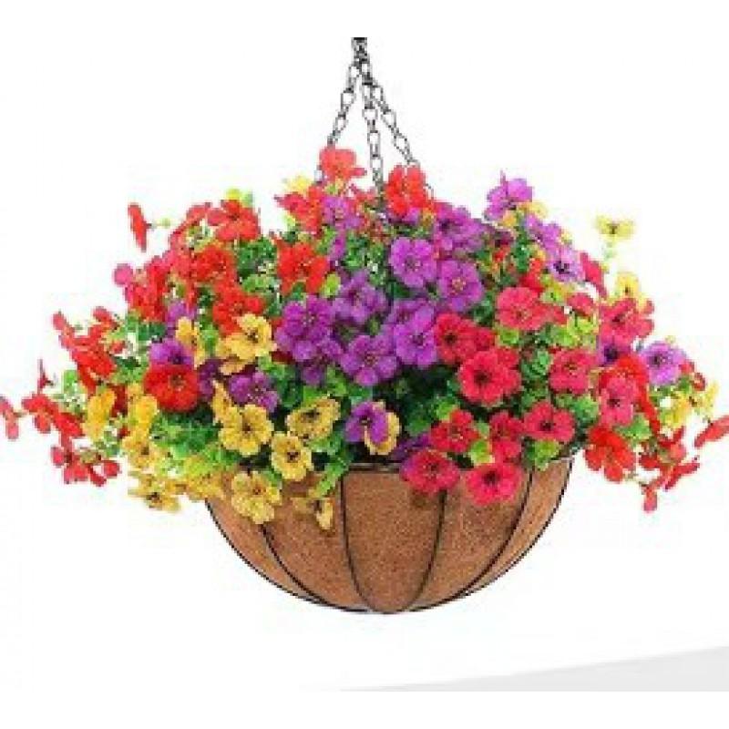 Artificial Violet Flower Hanging Basket With Iron Frame Coconut Fiber Liner Outdoor Garden Decor