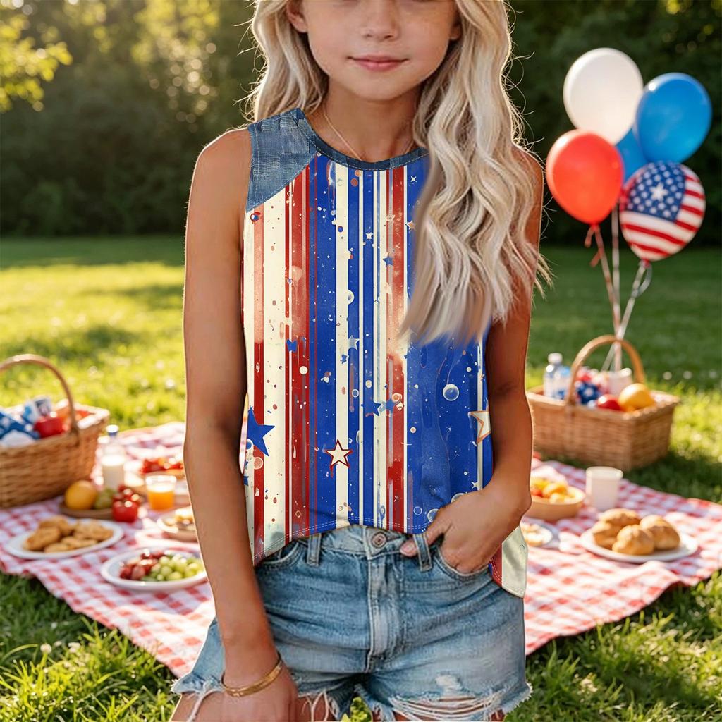 Sleeveless Loose Fit Tank Top for Women Round Neck Denim Print Star Pattern Casual Summer Shirt