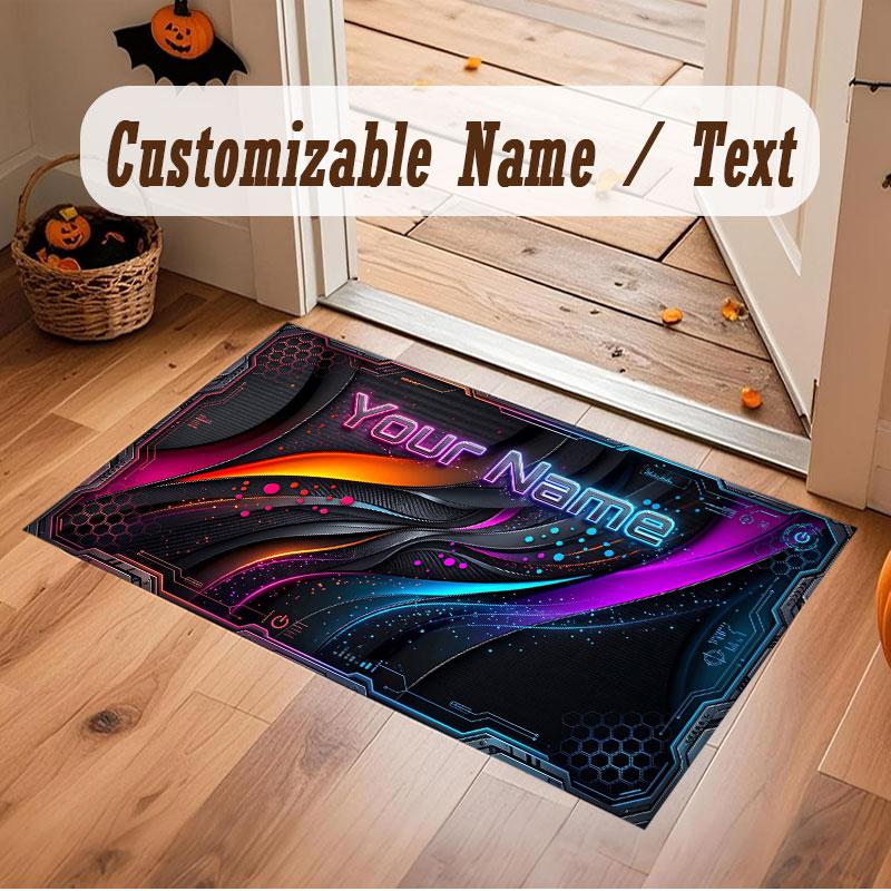 City Cyberpunk Theme Crystal Velvet Floor Rug Personalized Custom Name Text Warm Carpet Home Decoration