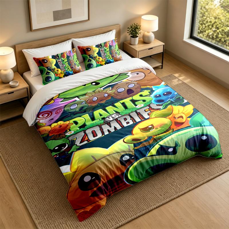 Soft Bedding Set Plants Vs. Zombies Pattern, 1 Duvet Cover Plus 2 Pillowcases Stylish Bedroom Home Textile