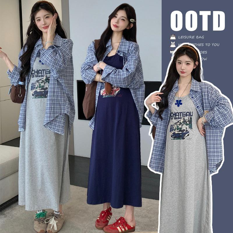 2026 Early Spring Korean Loose Printed Vest Dress & Plaid Shirt Set M