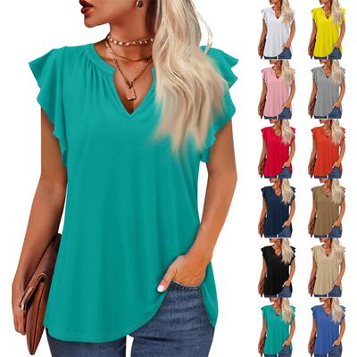 Women's Summer Casual Short Sleeve T-Shirt Solid Color V Neck Pullover Top