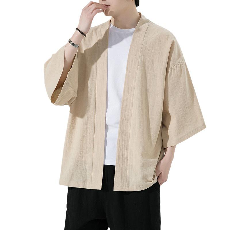 2023 Summer Men's Loose Solid Color Seven-Sleeve Cardigan - Casual Chinese Style, Plus Size