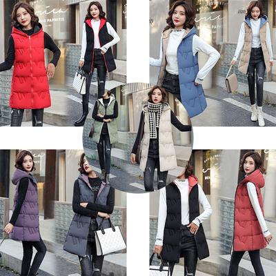 Autumn and Winter Women's Solid Color Loose Vest Hooded Long Reversible Vest Jacket Cotton Padded Women's Windproof Warm Vest