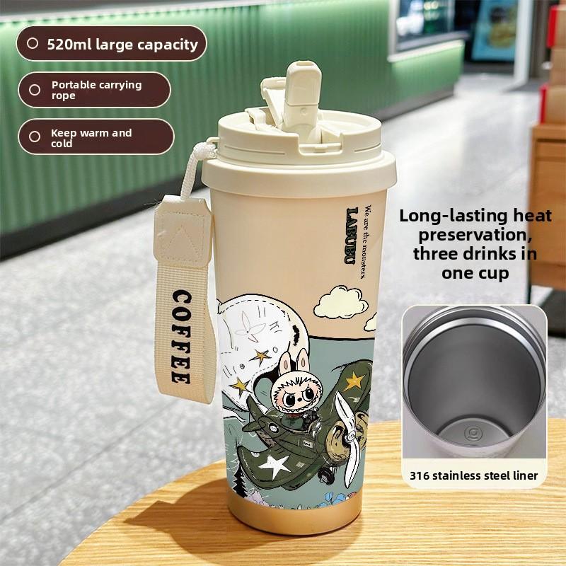 Large-capacity Stainless Steel High-value Double-drink Thermos Cup, Seven Straws, Car Coffee Cup, Cute