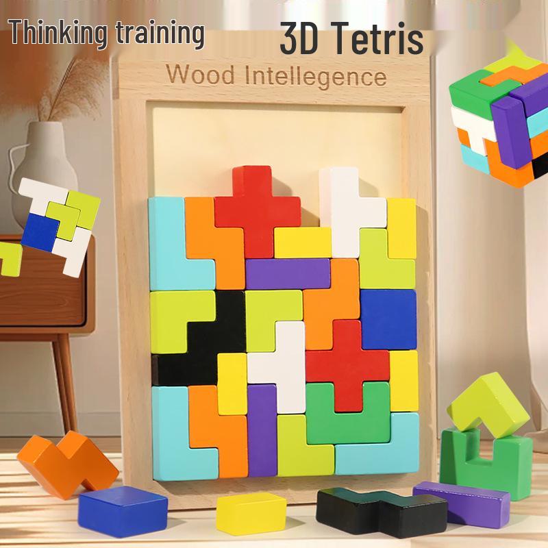 

3D Beechwood Tetris Puzzle: Educational Building Blocks for Kids
