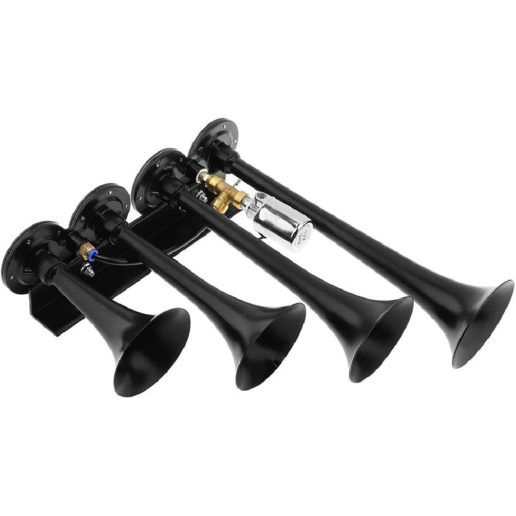 12V / 24V Truck Train Air Horn, 185dB Super Loud Four Trumpet Air Horn for Car Vehicle Truck Train Boat