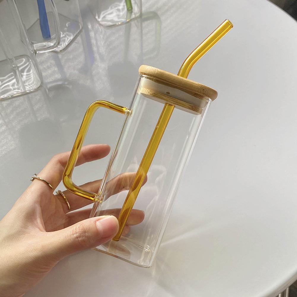 Square Borosilicate Glass Cup with Handle Bamboo Lid and Straw Clear Drinking Glass for Home Office Gift Glass Water Cup