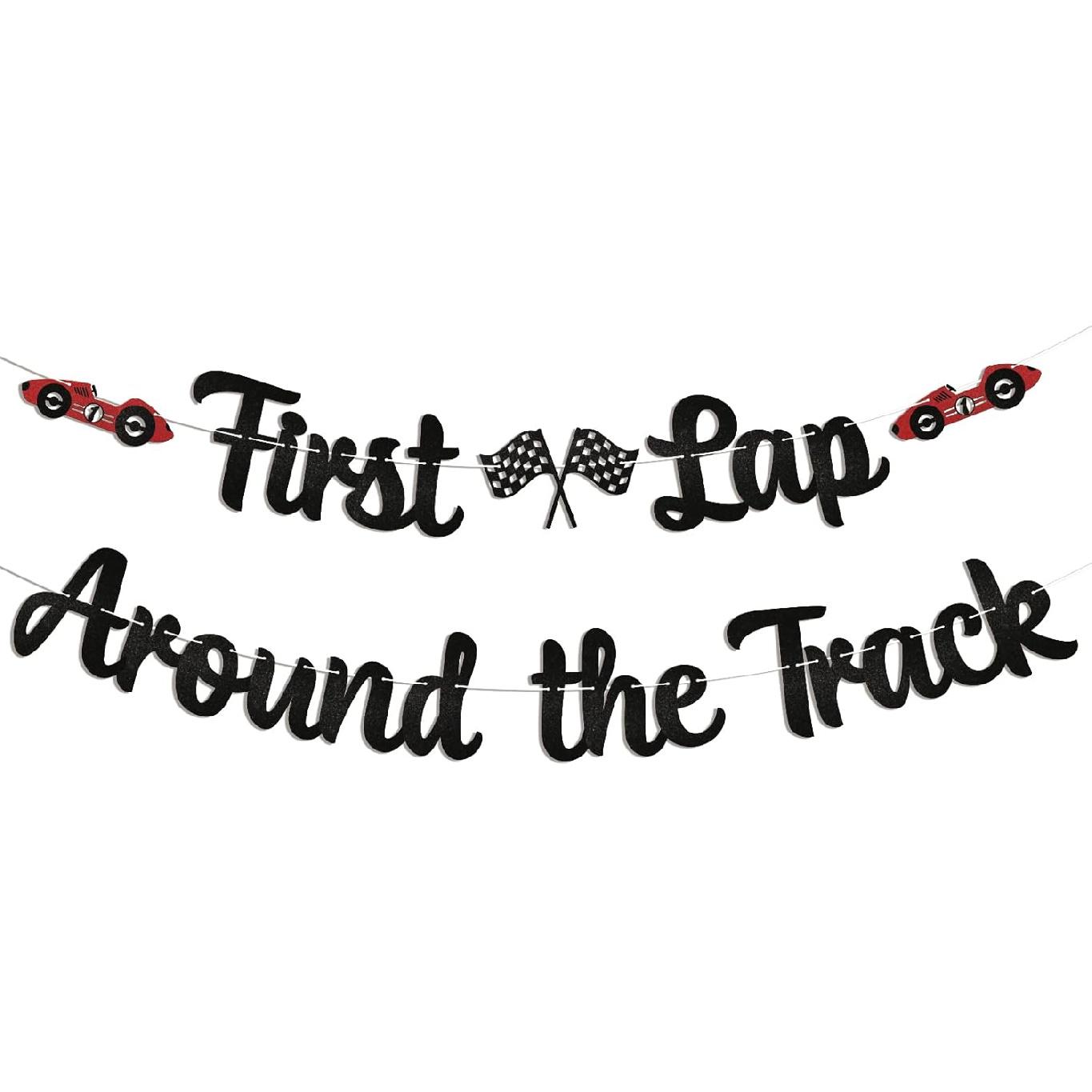 First Lap Around The Track Birthday Banner - Vintage Race Car 1st Bday Decorations, Retro Race Cars Theme Checkered Flag First Birthday Party