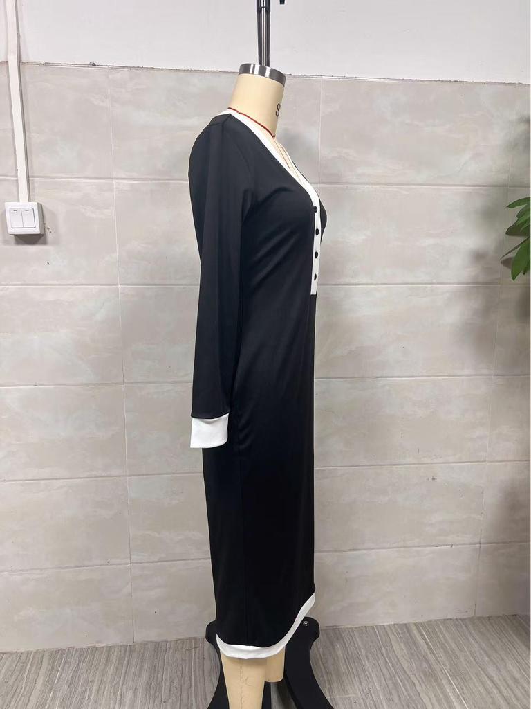 2025 Elegant Cross-border Color Block V-Neck Midi Dress for Spring and Autumn