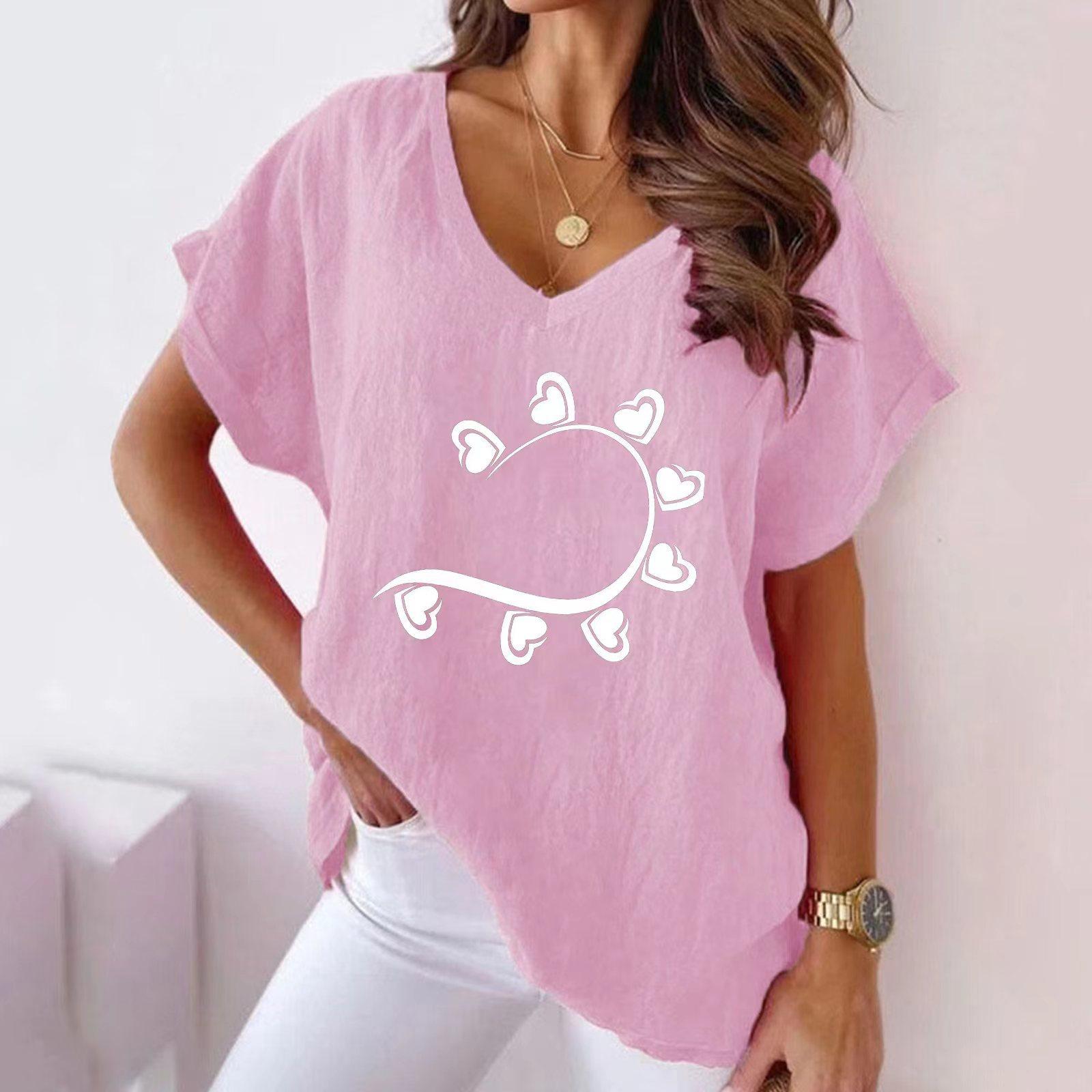 

2023 Літня жіноча любов навколо бавовни з V-подібним вирізом та повсякденна футболка з летючою мишею з короткими рукавами 5XL рожевий