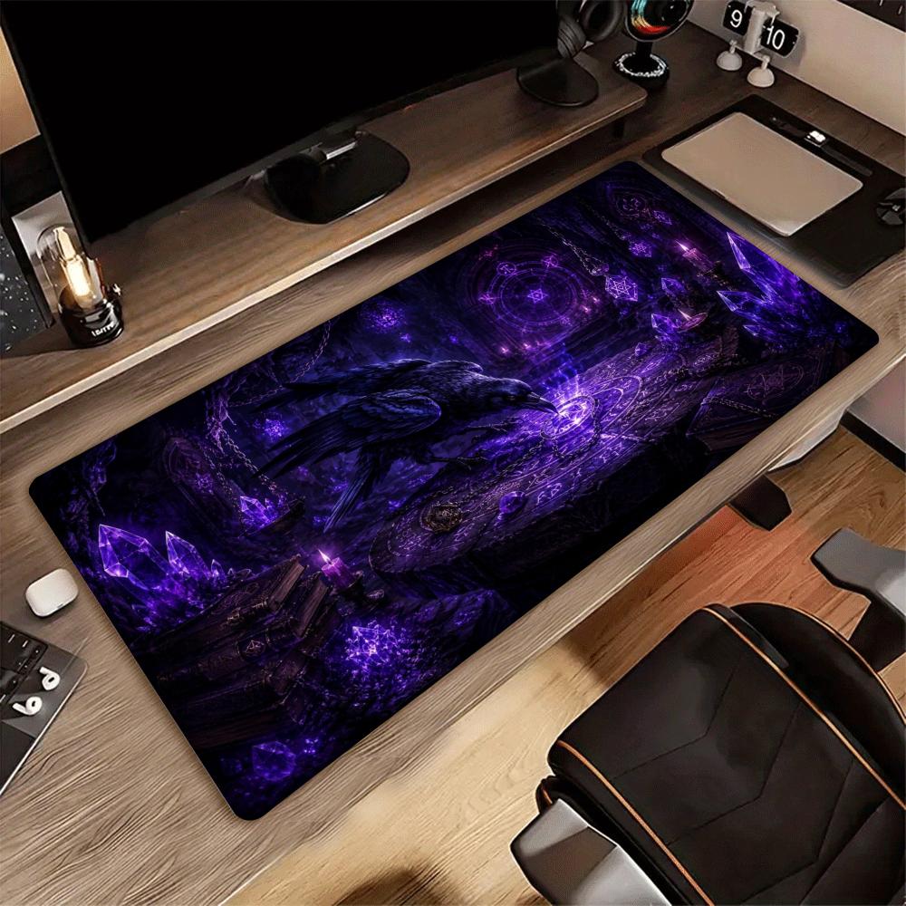 Purple Crystal Raven Gothic Moon Magic Rune XXL Mousepad Dark Witchcraft Deskmat Rubber Overlock Keyboard Gaming Desktop Mat