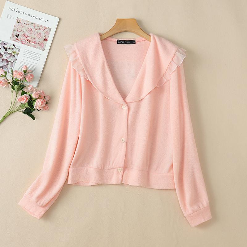 

ZANZEA Женская блузка с V-образным вырезом, однотонная, повседневная, с длинным рукавом, тонкая L розовый