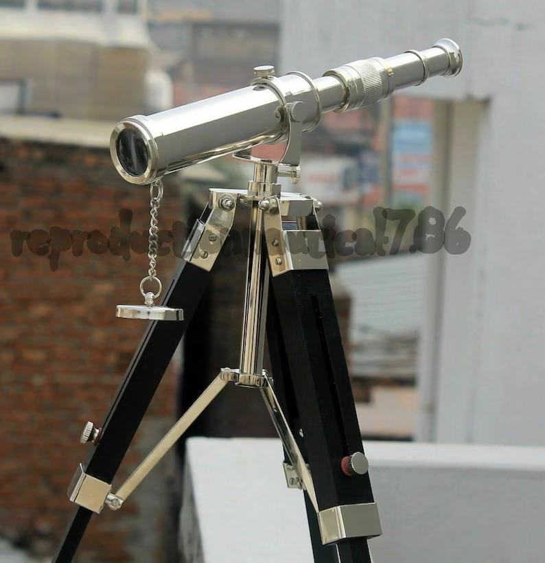 Shiny Silver Nautical Polished Brass Telescope With Wooden Tripod Stand Desk Decor