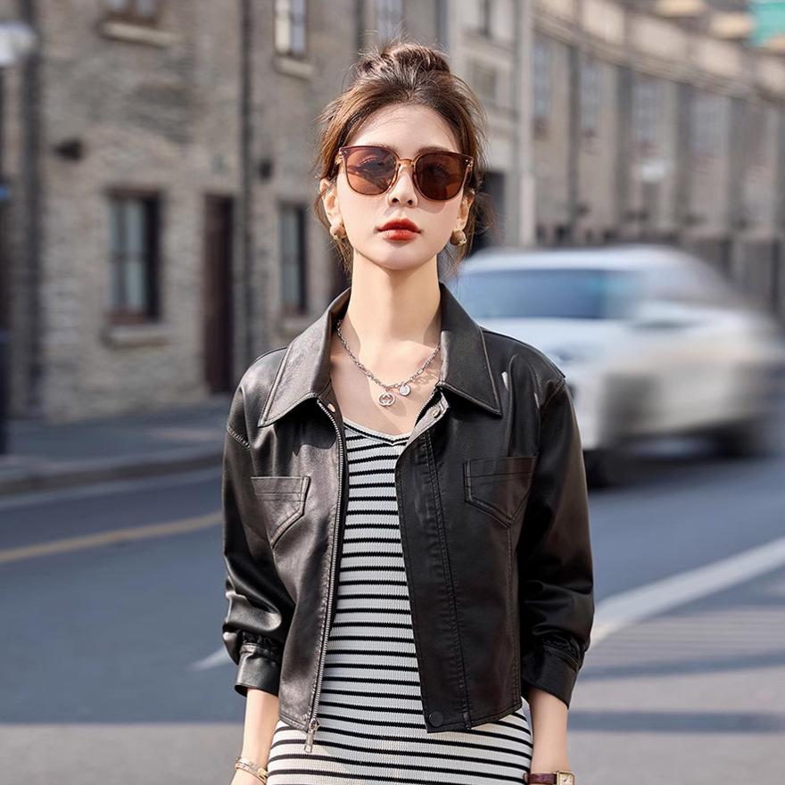 

Leather jacket women s coat new design sense retro locomotive leather jacket small short top M чорний колір сірий