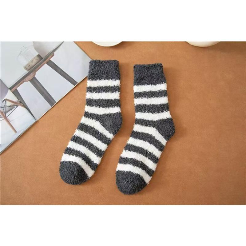 Coral Wool Socks - Men's Striped Half-wool Mid-calf Socks - Non-shedding, Thick and Warm Floor Socks, Home Wear Socks, with Added Wool Padding