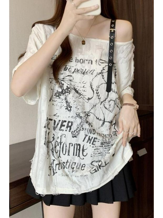 Plus Size Off-the-Shoulder Ripped T-Shirt - Loose and Flattering Summer Top for Women