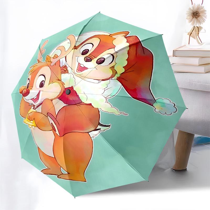 Chips and Dale, Christmas Themed Automatic Opening and Closing Umbrella, Brightly Colored 8-rib Portable Umbrella, Suitable for Men and Women, A Perfe