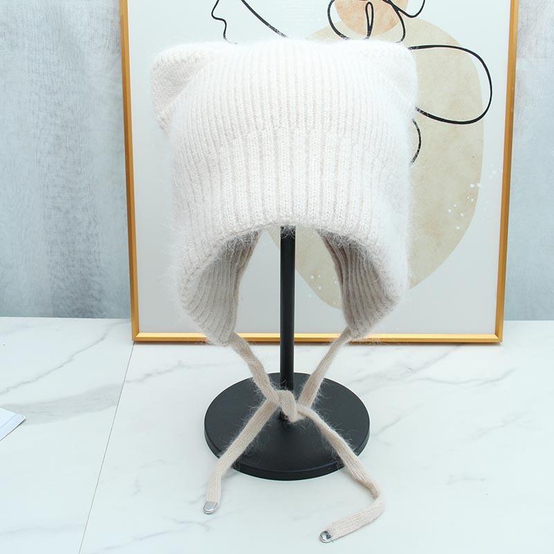 High-quality Cute Ear Protection and Warm Cat Ears Rabbit Hair Knitted Hat Autumn and Winter Double-layer Thickened Lace-up Windproof and Cold-proof