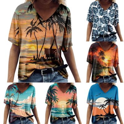 Damenmode, lässig, bedruckt, kurzärmelig, V-Ausschnitt, Top-Bluse