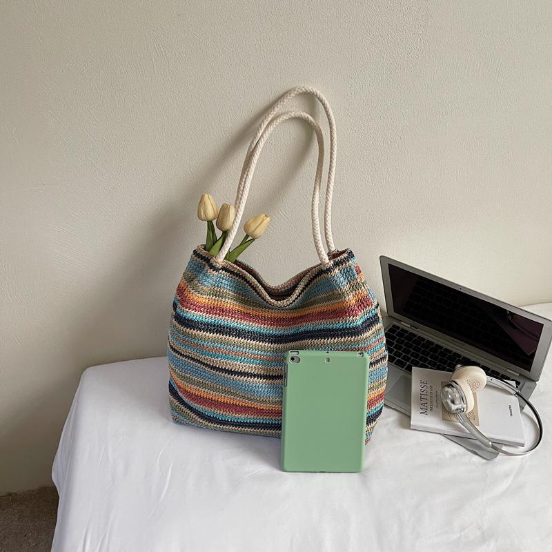 Seaside Vacation Straw Woven Bag Women's Large Capacity Rainbow Tote Bag Travel Commuter Shoulder Bag