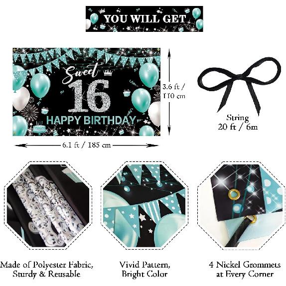 Sweet 16 Party Decorations, Fabric Happy 16th Birthday Banner Backdrop, Sweet Sixteen Birthday Decorations for Girls, Turquoise 16 Birthday Yard Sign