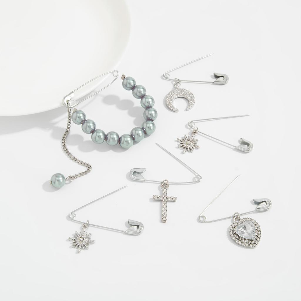 6Pcs/Set Elegant Imitation Pearl Brooch Women Trend Sun Moon Love Heart Cross Pendant Pin Clothes DIY Jewelry Accessory