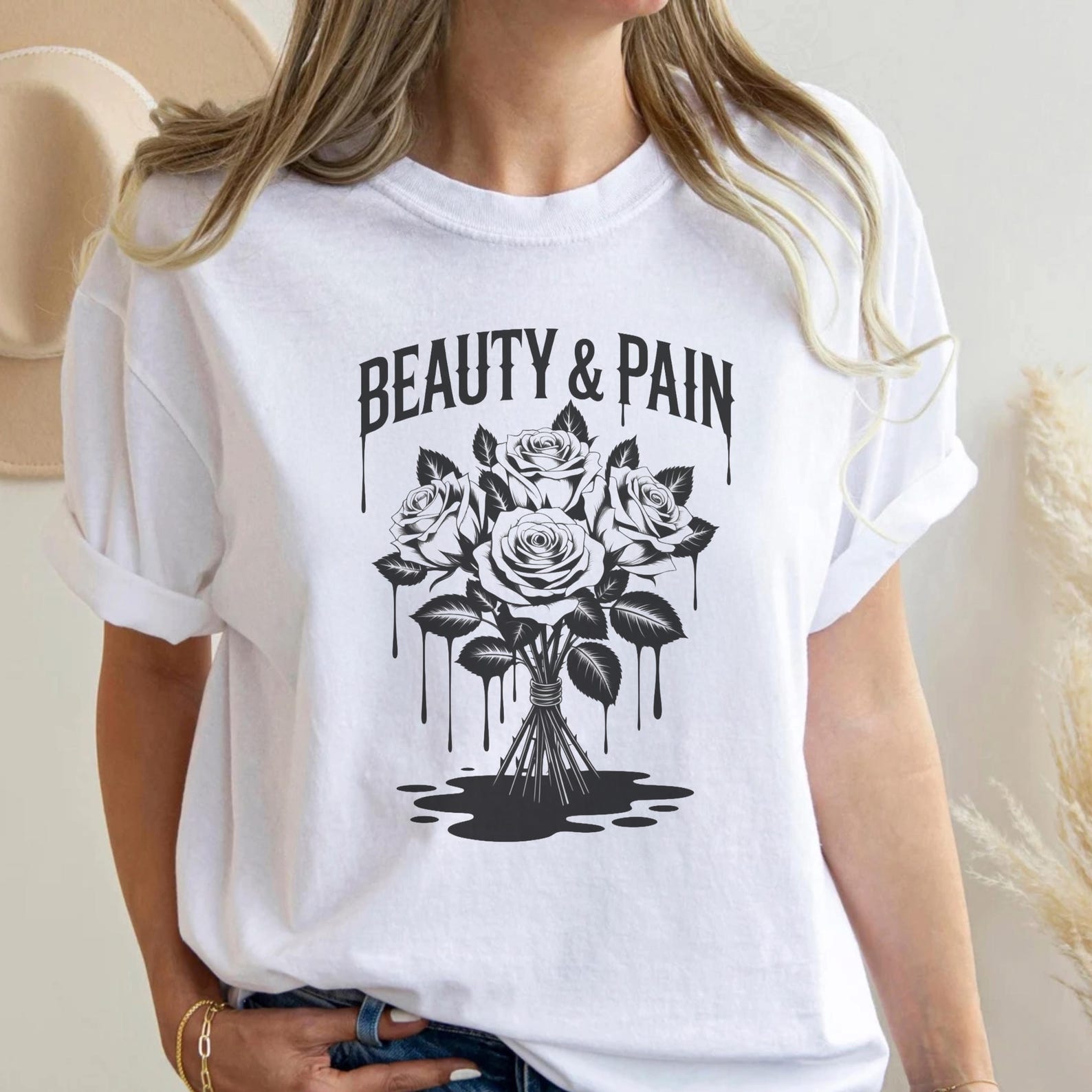 Beauty & Pain – Gothic Rose Graphic Tee, Alternative, Emotional Art Streetwear, Tattoo-Style Design M