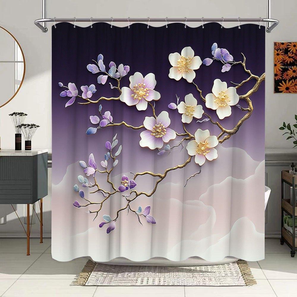 1pc White Pink Lavender Floral Shower Curtain with Ethereal Golden Branches - Soft Gradient Polyester Bathroom Decor 70x70 Inche
