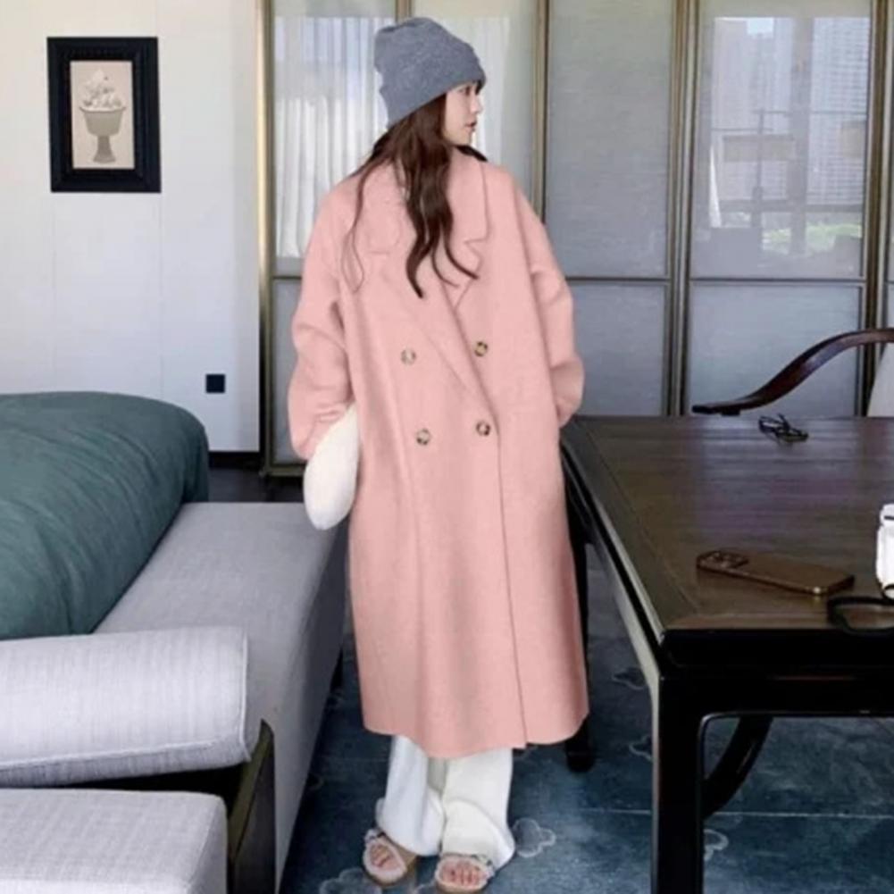 Women Winter Overcoat Double-breasted Turn-down Collar Long Sleeves Buttons Loose Cardigan Mid Length Outdoor Woolen Coat